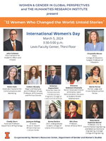 International Women's Day 2024 event poster with speakers